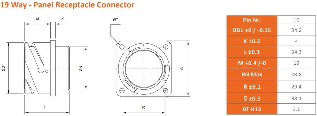 Ten47 PA-COM 19-p. male panel conn. w/o nut