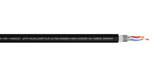 Cordial CAT6A PUR cable, S/FTP, AWG24/7, Ø7,9 mm, 100 m reel