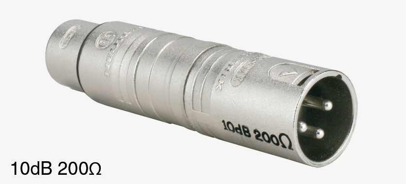 Linjavaimennin 10 dB/200 ohm. XLR F/M phantom läpisyötöllä