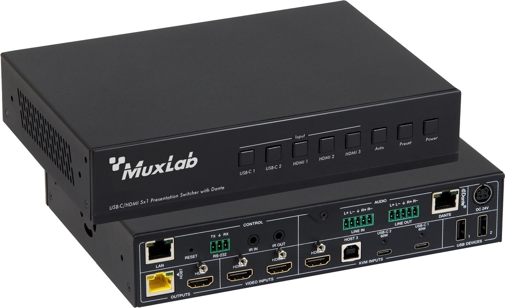 MuxLab 500533 USB-C/HDMI 5x1 esitysvalitsin Dante