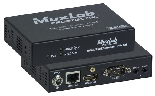 [500454-POE-RX] MuxLab HDMI / RS232 Receiver, PoE, HDBT, 4K